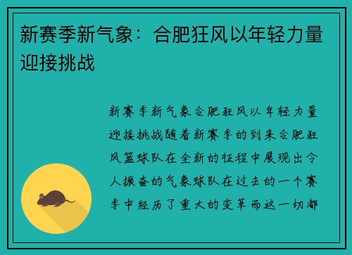 新赛季新气象：合肥狂风以年轻力量迎接挑战