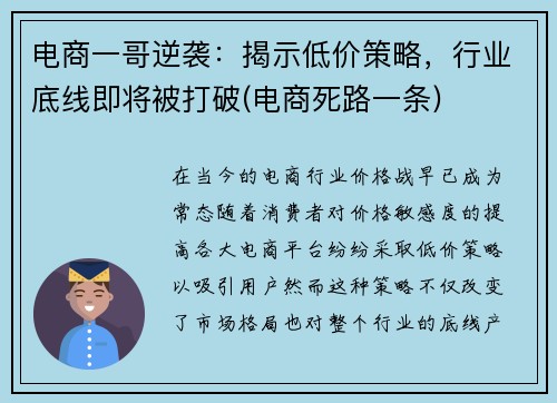 电商一哥逆袭：揭示低价策略，行业底线即将被打破(电商死路一条)