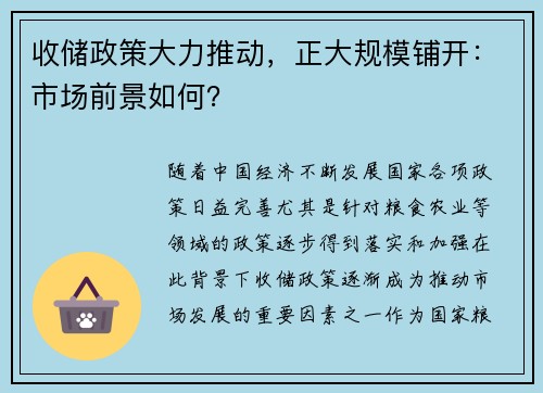 收储政策大力推动，正大规模铺开：市场前景如何？